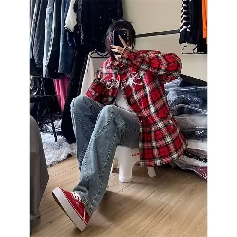 C254-P30美式刺绣红色格子衬衫女春秋季小众设计感宽松慵懒风,男装衬衫,电商B323A