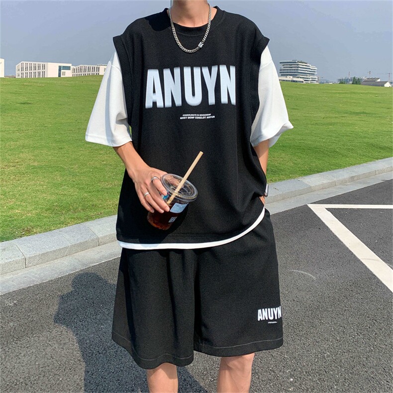 夏季篮球运动服一套搭配假两件华夫格短袖短裤套装男T1294-P42,男装T恤,星座512-2