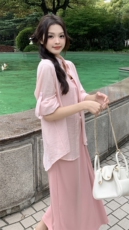 长袖衬衫针织吊带连衣裙女夏两件套2024新韩版时尚圆领套头长裙子，女装套装/套裙，鑫慧