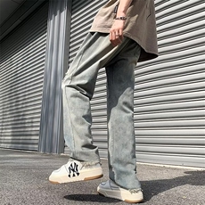 美式vibe风裤子高街潮牌黄泥染水洗破洞牛仔裤男复古街头阔腿长裤，男装牛仔裤，星座1013