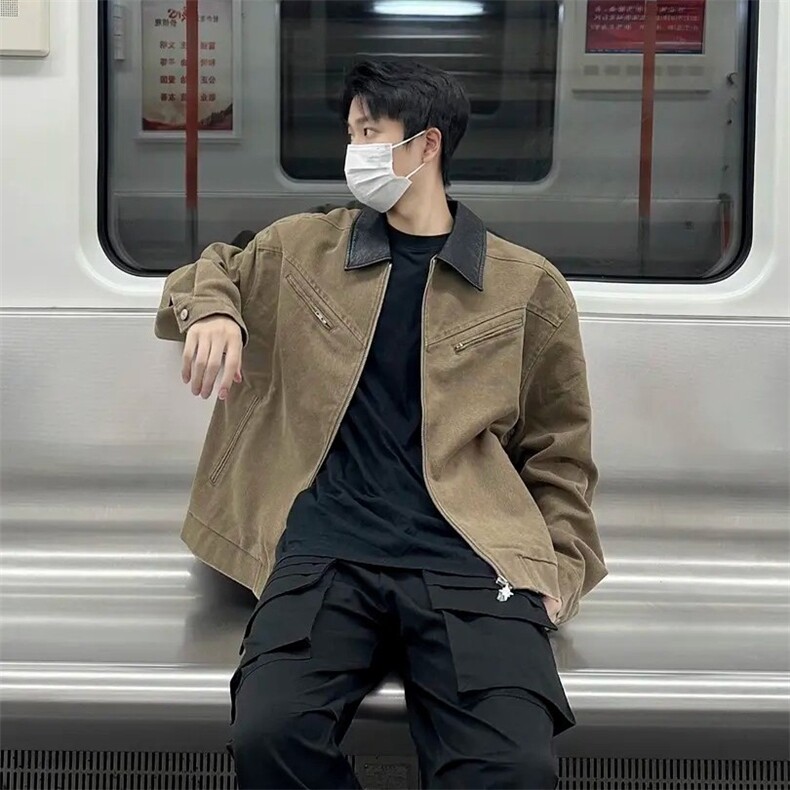 得物二开拼接翻领工装外套初秋水洗做旧夹克小众上衣JK1258-P70,男装夹克,星座1103-3