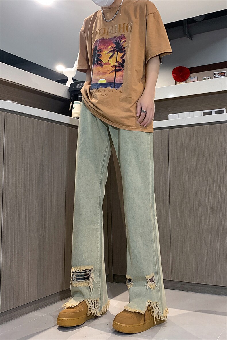现货黄泥美式vibe裤高街黑色破洞微喇直筒毛边牛仔裤男K890-P55,男装牛仔裤,星座205