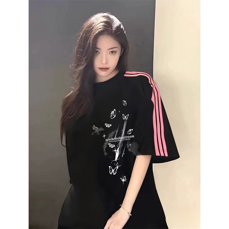 抖音得物品质二开240克宽松纯棉美式潮牌印花三条杠中性风短袖T恤,男装T恤,电商A486