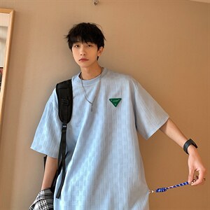 2024夏新款港风个性格纹宽松圆领时尚短袖T恤上衣T2210-P48，男装T恤，星座914-3