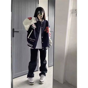 美式复古刺绣棒球服外套男潮牌街头宽松男女情侣拼接情侣夹克图片