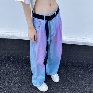 渐变渲染蓝色裤子男小众设计感欧美hiphop炸街牛仔裤宽松阔腿长裤图片