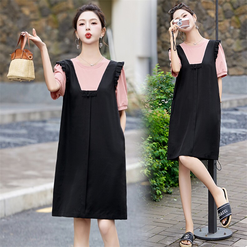 新款2024年夏季时尚撞色盘扣休闲假两件连衣裙，女装连衣裙，蓝诺裳