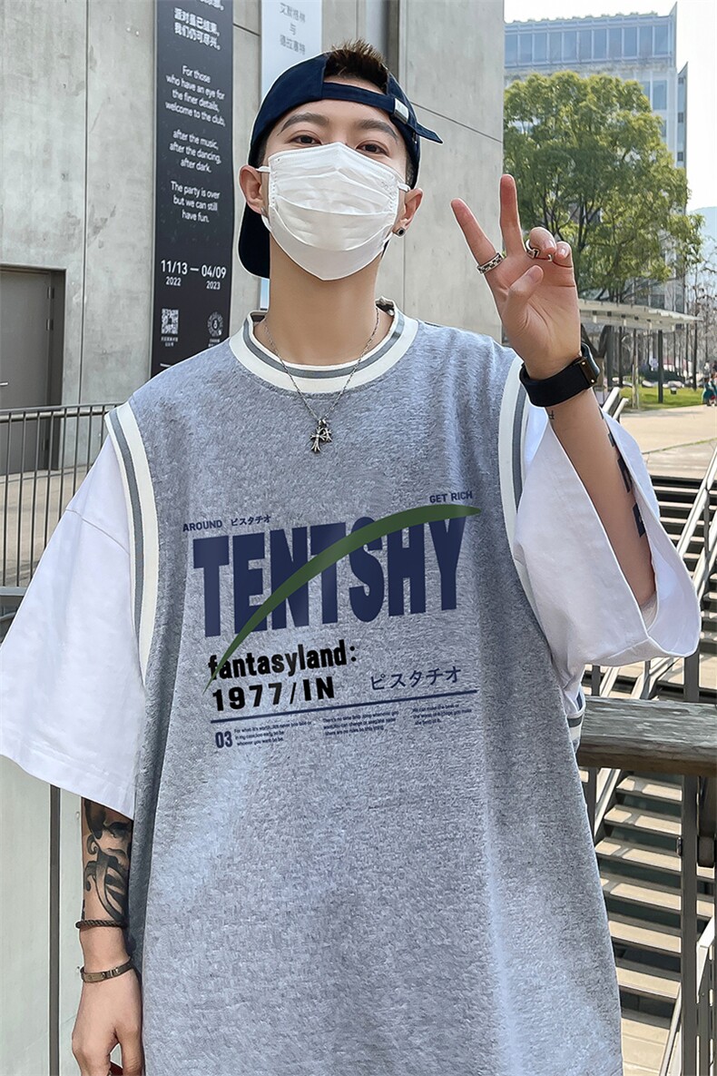 港风23新款夏季假两件字母印花百搭潮流100棉短袖T恤T6616P40控58,男装T恤,电商A268A