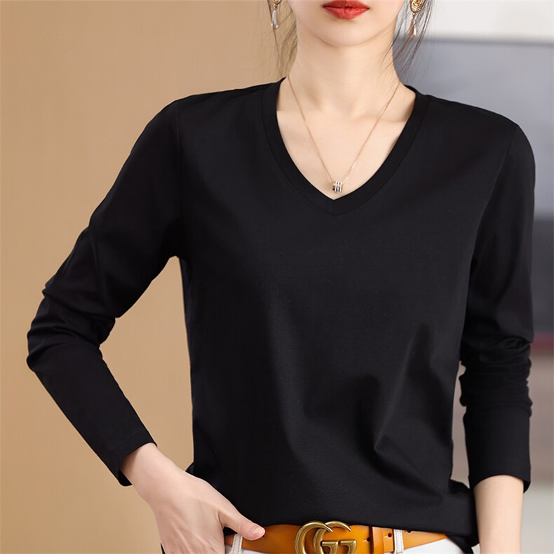 女打底衫长袖T恤丝光棉通勤百搭亲肤舒适日常简约纯色多码修身，女装T恤，元素羊绒