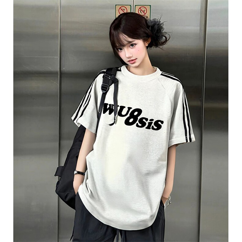 抖音得物高品质二开240克宽松纯棉美式潮牌三条杠织带短袖T恤，男装T恤，电商A486-1