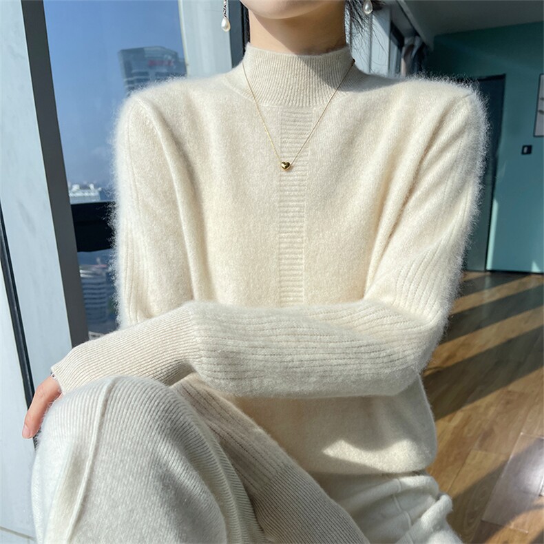 25秋冬新款加厚100%纯羊毛衫女半高领坑条毛衣宽松羊绒针织打底衫,女装羊毛衫,宇灿羊绒