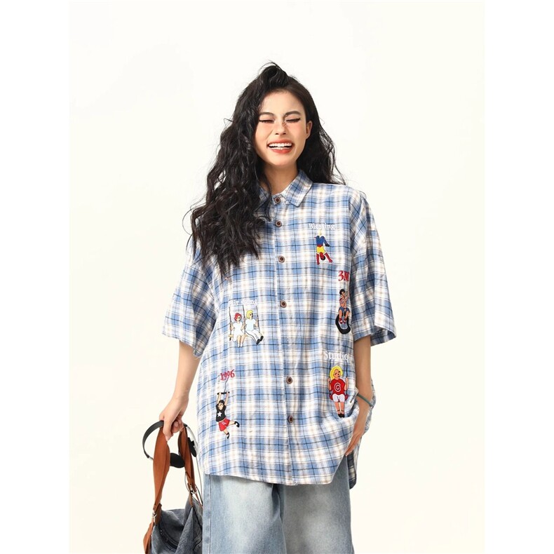 美式复古格子短袖衬衫女cleanfit潮牌刺绣小众设计感夏季百搭衬衣，男装衬衫，星座506A