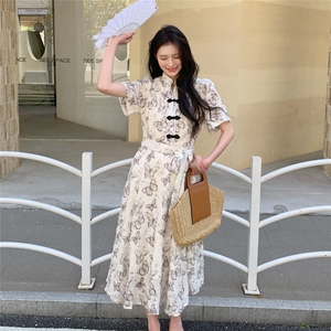 新中式国风蝴蝶印花改良旗袍连衣裙女夏季新款气质收腰显瘦长裙子图片