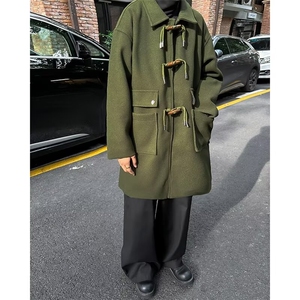 法式英伦风毛呢大衣男ins潮中长款牛角扣风衣高级感雅痞外套秋冬图片