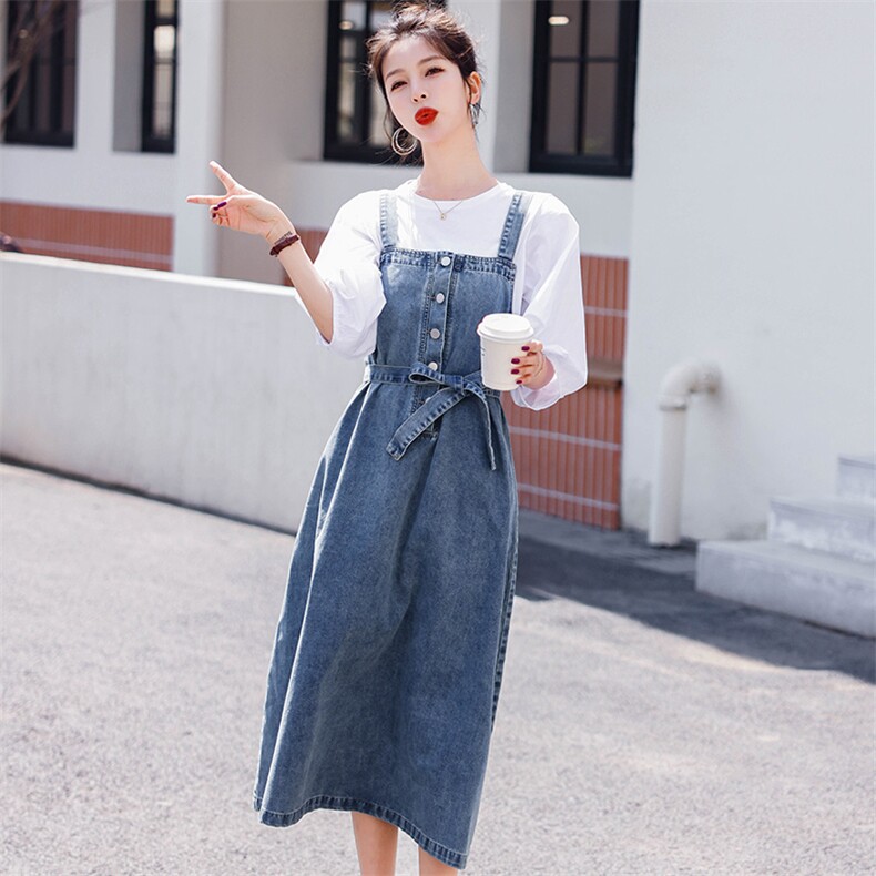 2025年夏季纯色A字裙中腰单排扣宽松甜美田园牛仔背带裙女配腰带,女装牛仔裙,微微衣阁