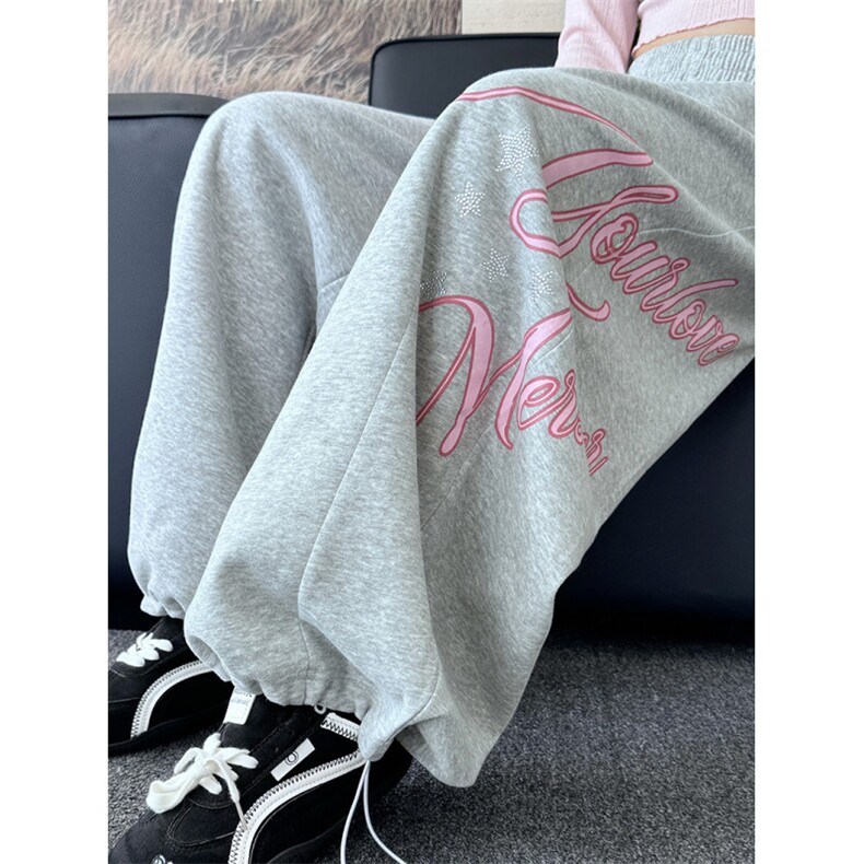 港风秋款男女卫裤字母印花五角星烫钻阔腿宽松休闲长裤h8054 P53图片