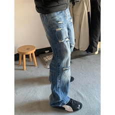 G3153HH-特P48闪电纹破洞牛仔裤美式高街cleanfit裤子直筒微喇裤，男装牛仔裤，星座1007（原301D）