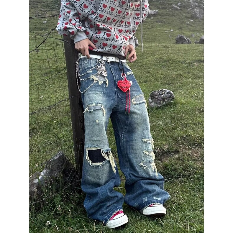 欧美街头涂鸦印花破洞乞丐牛仔裤男潮牌嘻哈炸街阔腿裤BN226-P62，男装牛仔裤，星座1001-1