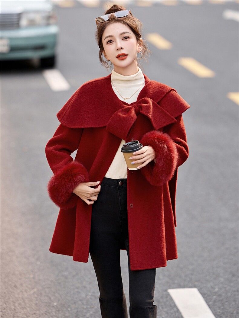 狐狸毛可脱卸双面羊毛大衣女2025年冬季新款优雅气质中长款毛呢,女装毛呢外套,玖莱伊