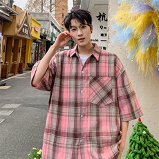 短袖衬衫男夏季新款磨毛格子衬衣DX716-特批26无差价，男装T恤，星座214-3