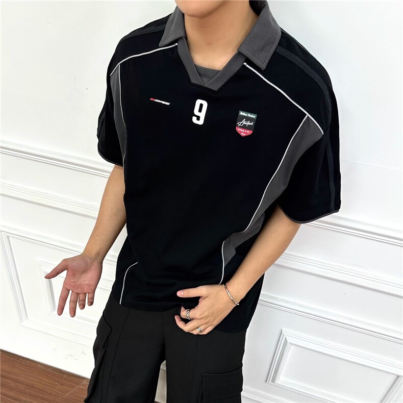 嘻哈美式复古vibe拼接撞色印花POLO衫短袖男女宽松休闲翻领T恤潮,男装T恤,星座1210-1