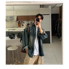 蓝色复古水洗做旧牛仔衬衫夹克男春秋季韩版休闲百搭长袖衬衣外套，男装夹克，星座506A