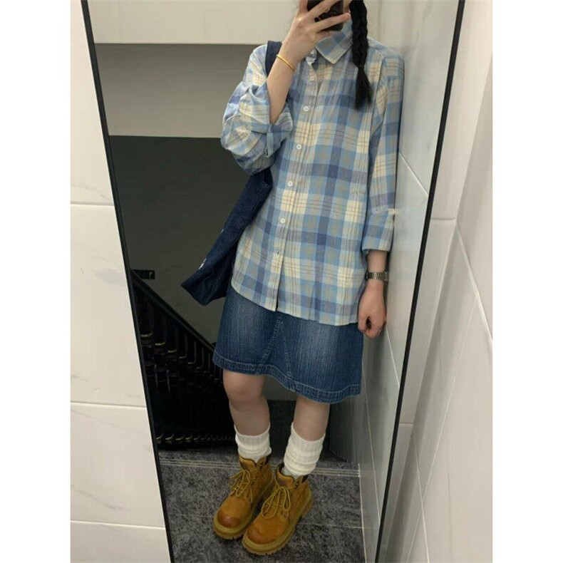 春秋季美式复古撞色格子防晒衬衫男女长袖宽松薄款衬衣慵懒风外套,男装衬衫,星座506A
