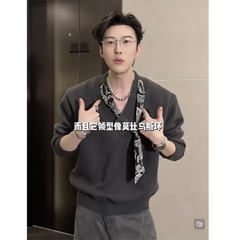 网图现货美式宽松丝巾长袖宽松毛衣M01/P70送丝巾,男装针织衫/毛衣,星座205-3