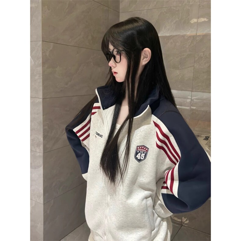 美式覆古撞色条纹徽章字母立领卫衣外套女春秋学院风开衫夹克上衣,男装夹克,星座506A