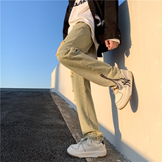 美式拉链开叉男高街水洗黄泥色修身破洞拖地牛仔裤KN85-P60，男装牛仔裤，电商D325