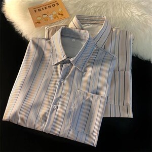 夏季条纹短袖衬衫男港风宽松休闲衬衣韩版潮流痞帅外套 W3224-P32图片