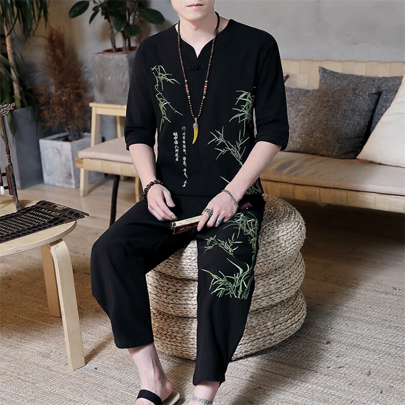 夏季棉麻一套装衣服男士中国风刺绣短袖t恤帅气半袖衣服HS01-P45,男装T恤,星座509