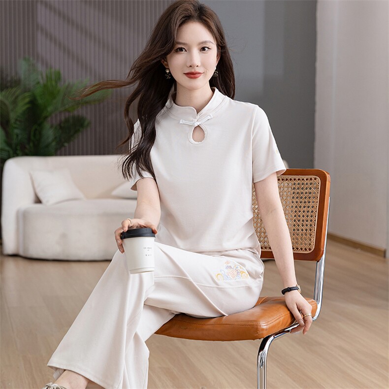 休闲套装女2025夏季新款时尚宽松纯棉翻领短袖阔腿裤运动服两件套,女装套装/套裙,凯瑟曼