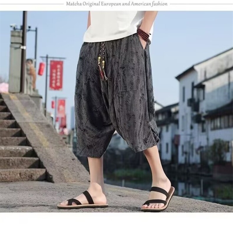 夏季破洞阔腿裤风七分裤男宽松棉麻沙滩短裤加大码青年休闲裤,男装牛仔裤,星座1210-1