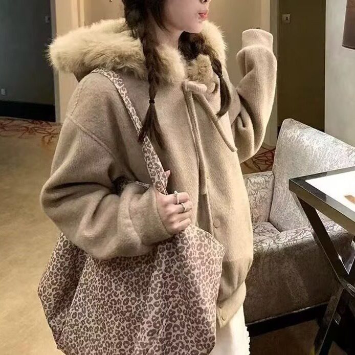 潮牌美式复古毛呢连帽女2025秋冬季宽松百搭拉链情侣高级感外套,女装短外套,星座506A