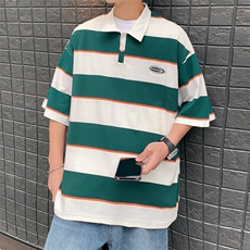 !条纹翻领宽松纯棉polo衫短袖男T恤XP221-P40控68，男装Polo衫，电商B370