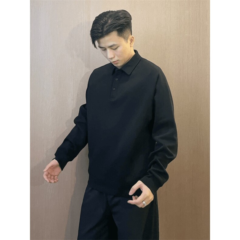 抖音得物高品质二开230克精梳珠地光版纯色宽松长袖T恤翻领POLO衫,男装T恤,电商A486