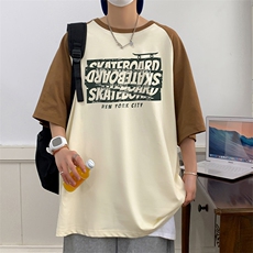 抖音品质潮牌圆领落肩拼色男女款大码宽松T恤纯棉240克控49，男装T恤，星座301D-4(原星座1004-4）