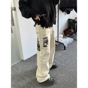 【有货】涂鸦杏色牛仔裤男款修身直筒美式vibe风裤子HT68LL-特P55图片