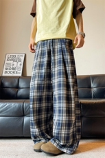 D206-18XL-M蓝格子休闲裤百搭冰丝抽绳阔腿裤宽松直筒长裤K9143，男装休闲裤，电商D206-1