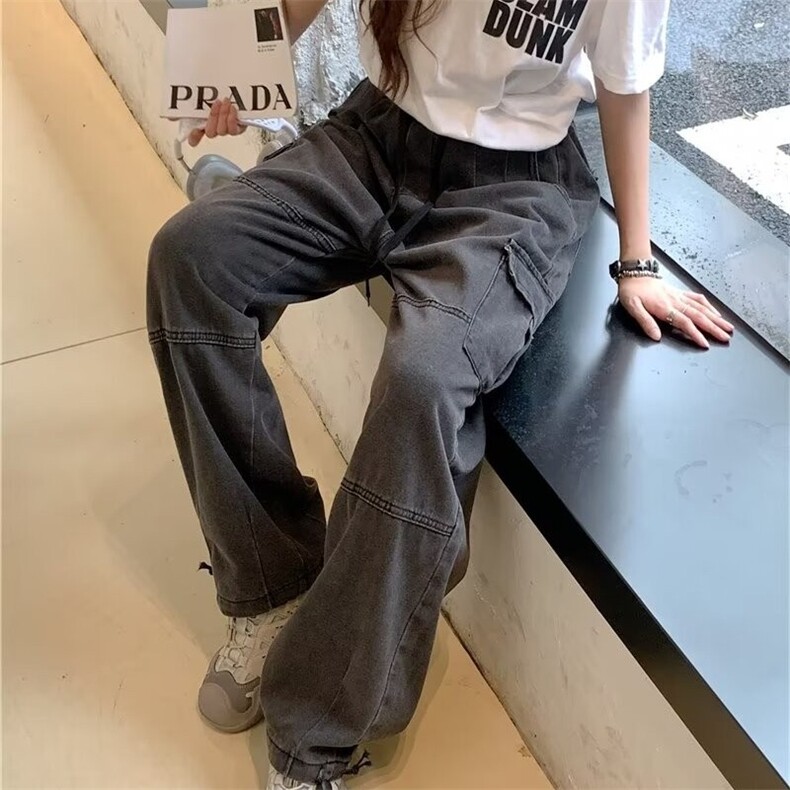 高腰阔腿牛仔裤男女小个子黑色工装裤休闲百搭美式直筒裤8023/P65,男装牛仔裤,星座506