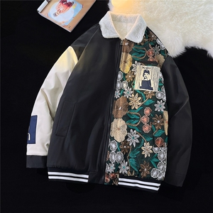 港风平铺刺绣拼接翻领棉衣男羊羔毛棉衣男外套男8723P110控148图片