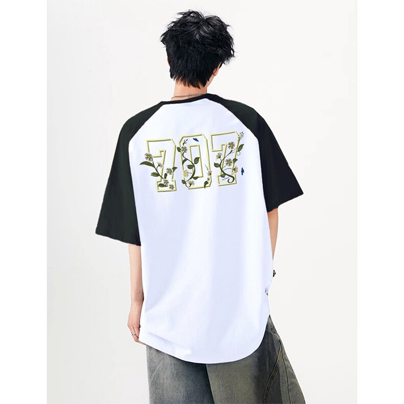 抖音得物高品质二开240克宽松纯棉美式潮牌插肩袖拼接短袖T恤,男装T恤,电商A486-1