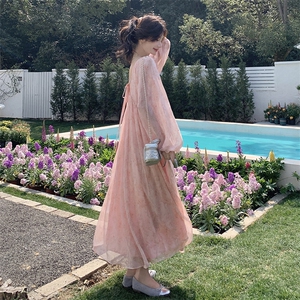 粉色韩版温柔风碎花连衣裙女2025年春季新款宽松显瘦印花气质长裙图片