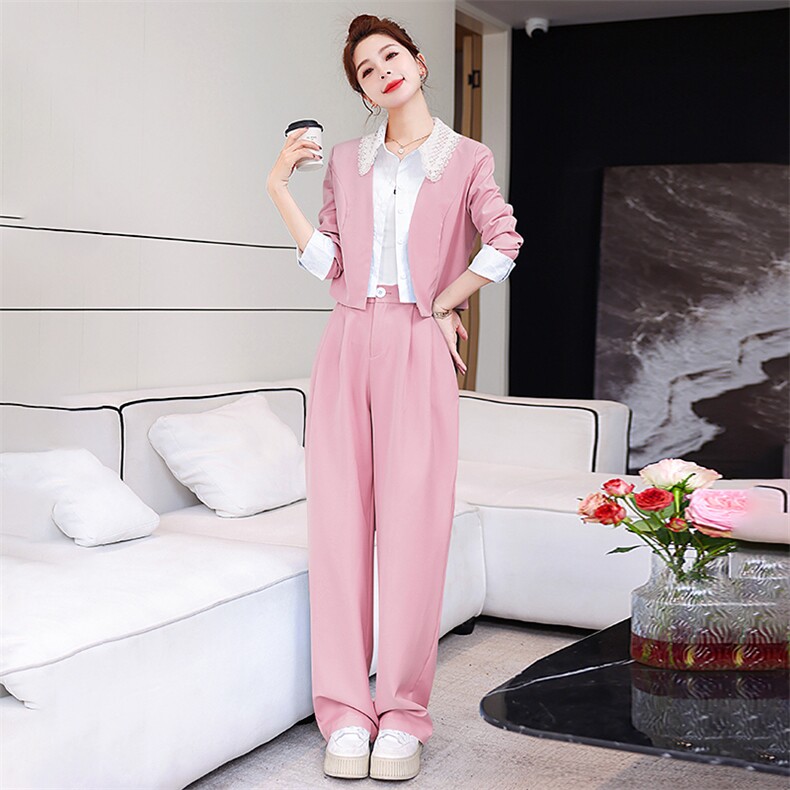 2025年新款春季法式时尚洋气拼接蕾丝翻领短外套小个子阔腿裤两件，女装套装/套裙，美静678