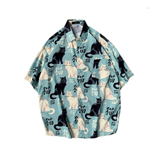 百搭宽松半袖帅气休闲短袖潮牌猫印花ins衬衫男港风衬衣W651-P28，男装衬衫，星座512-2