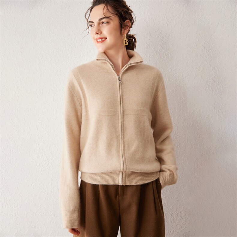 2025秋冬新款女羊绒衫100%纯山羊绒拉链立领外套简约保暖针织开衫，女装羊绒衫，戎叶云台