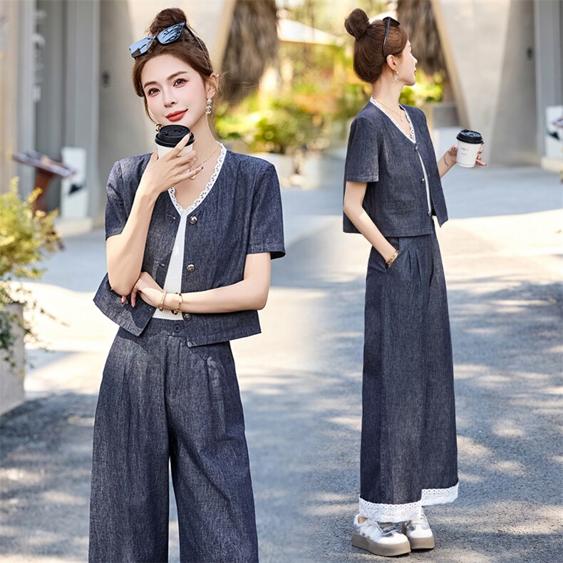 牛仔套装女2025夏季新款韩系小香风气质蕾丝九分阔腿裤穿搭一整套,女装套装/套裙,布芭啦