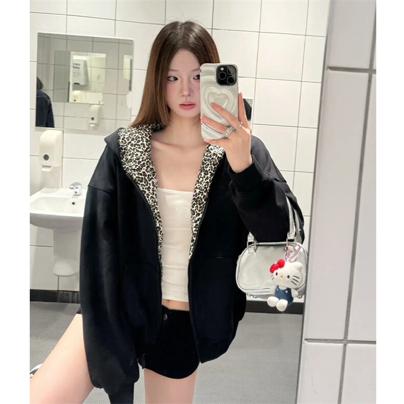 XZ1005-1-TTH0712-P75耳朵豹纹连帽卫衣外套男女情侣连帽开衫外套,女装短外套,星座1005-1