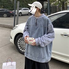 秋冬港风假两件卫衣拼牛仔连帽夹克外套休闲宽松情侣学生H201/P70,男装夹克,钱塘713